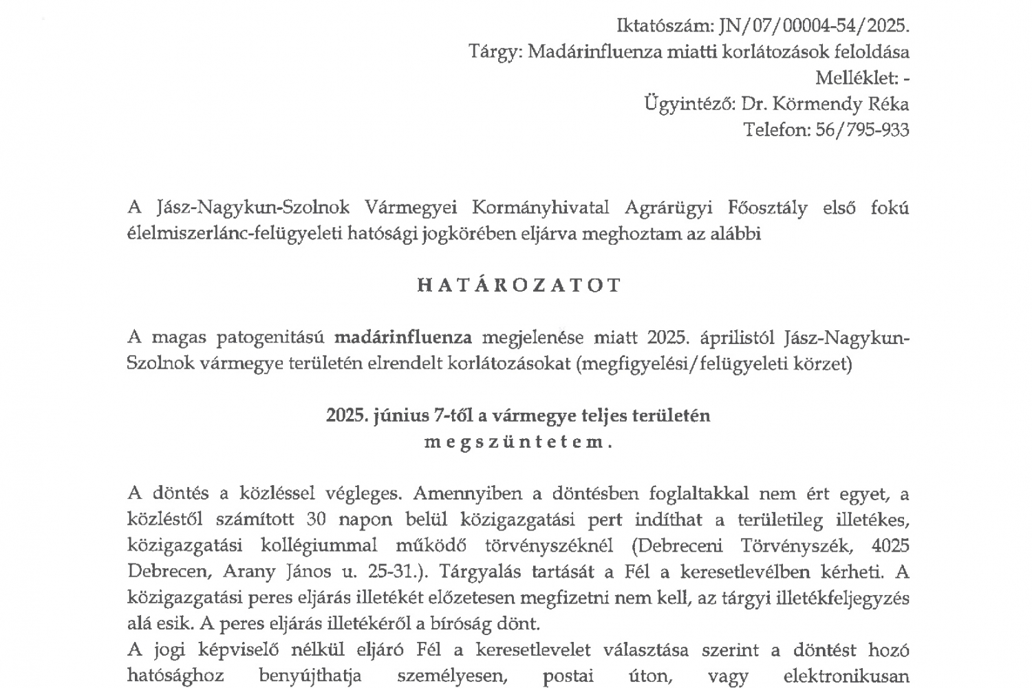 Határozat megfigyelési körzet feloldásáról (2025.06.06.)  