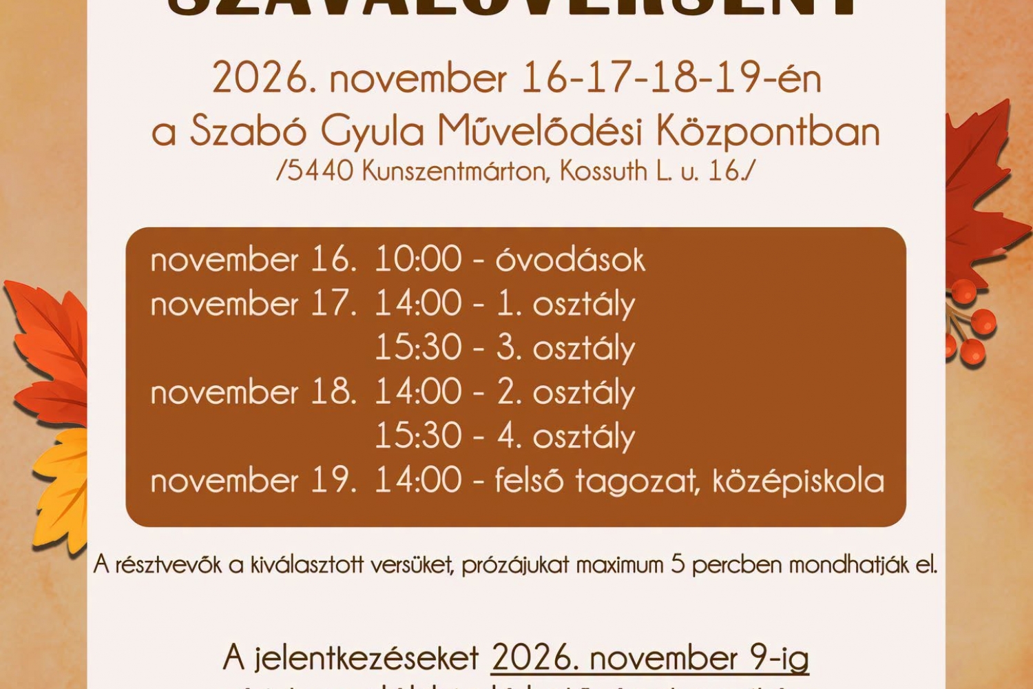 XXXIII. Márton-Napi Szavalóverseny 2026. november 16-17-18-19.
