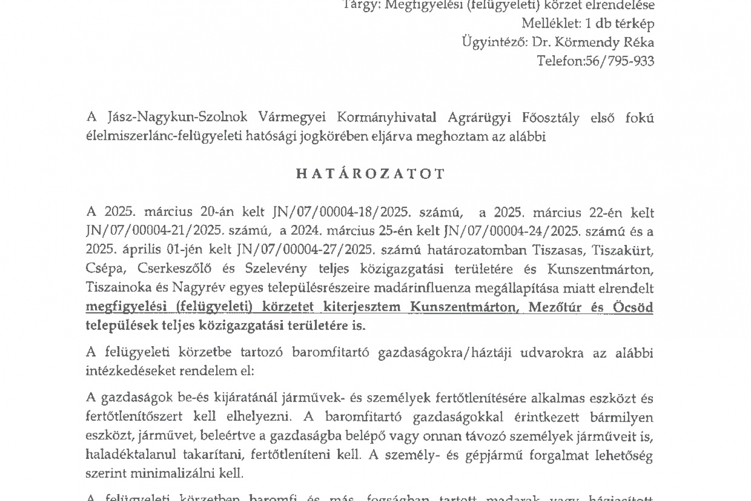 Határozat megfigyelési körzet kiterjesztéséről (2025.04.28.) 