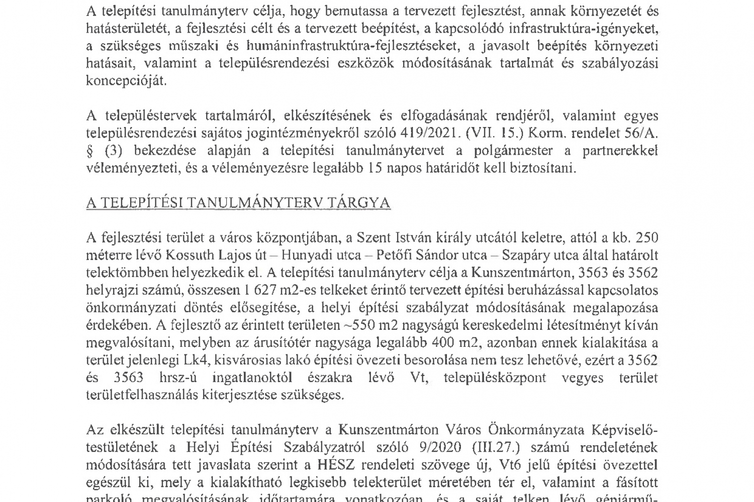 Telepítési tanulmányterv partnerségi egyeztetése