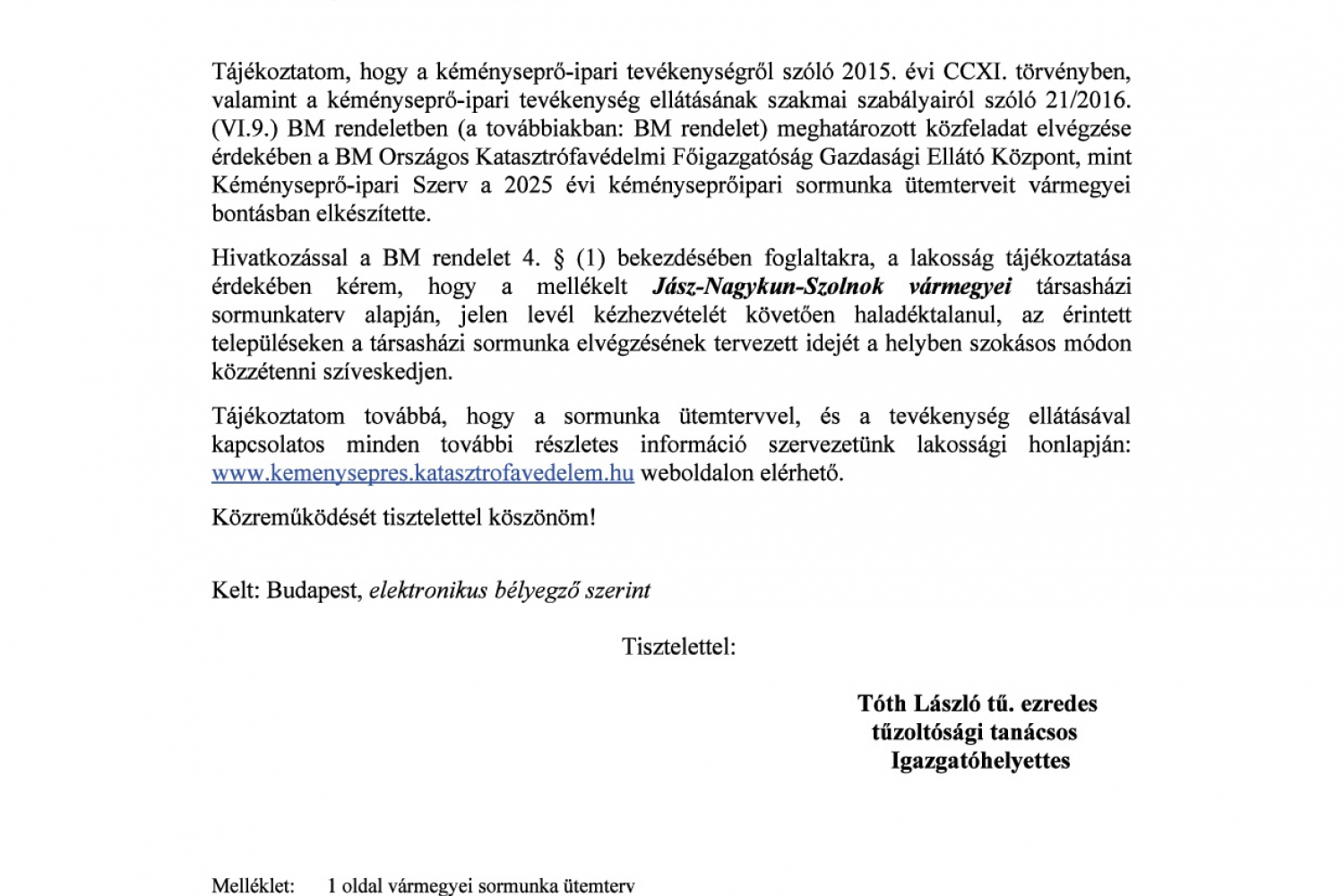 Tájékoztatás Jász-Nagykun-Szolnok vármegye 2025. évi kéményseprő-ipari társasházi sormunkatervéről