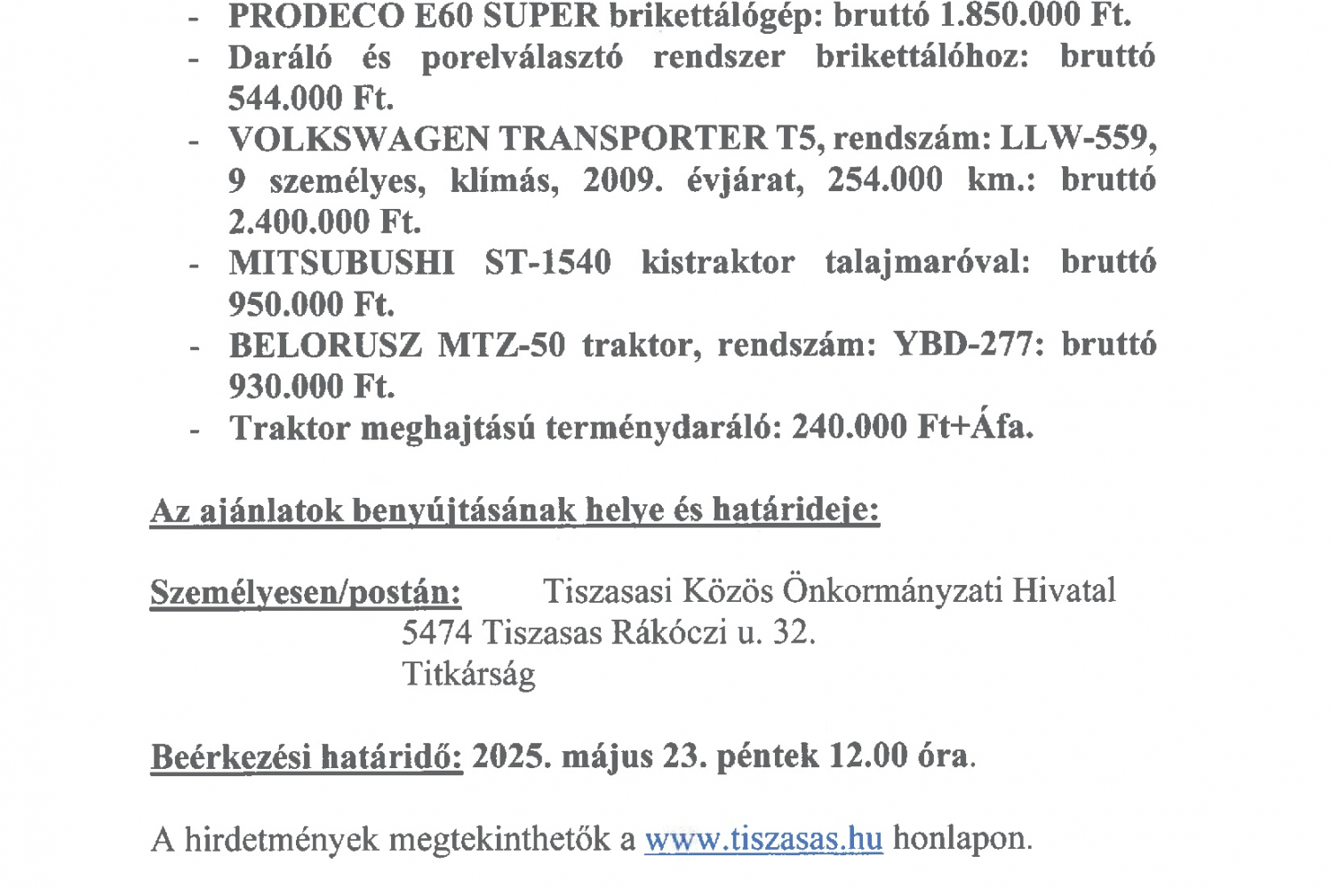 Tiszasas Községi Önkormányzat Hirdetménye
