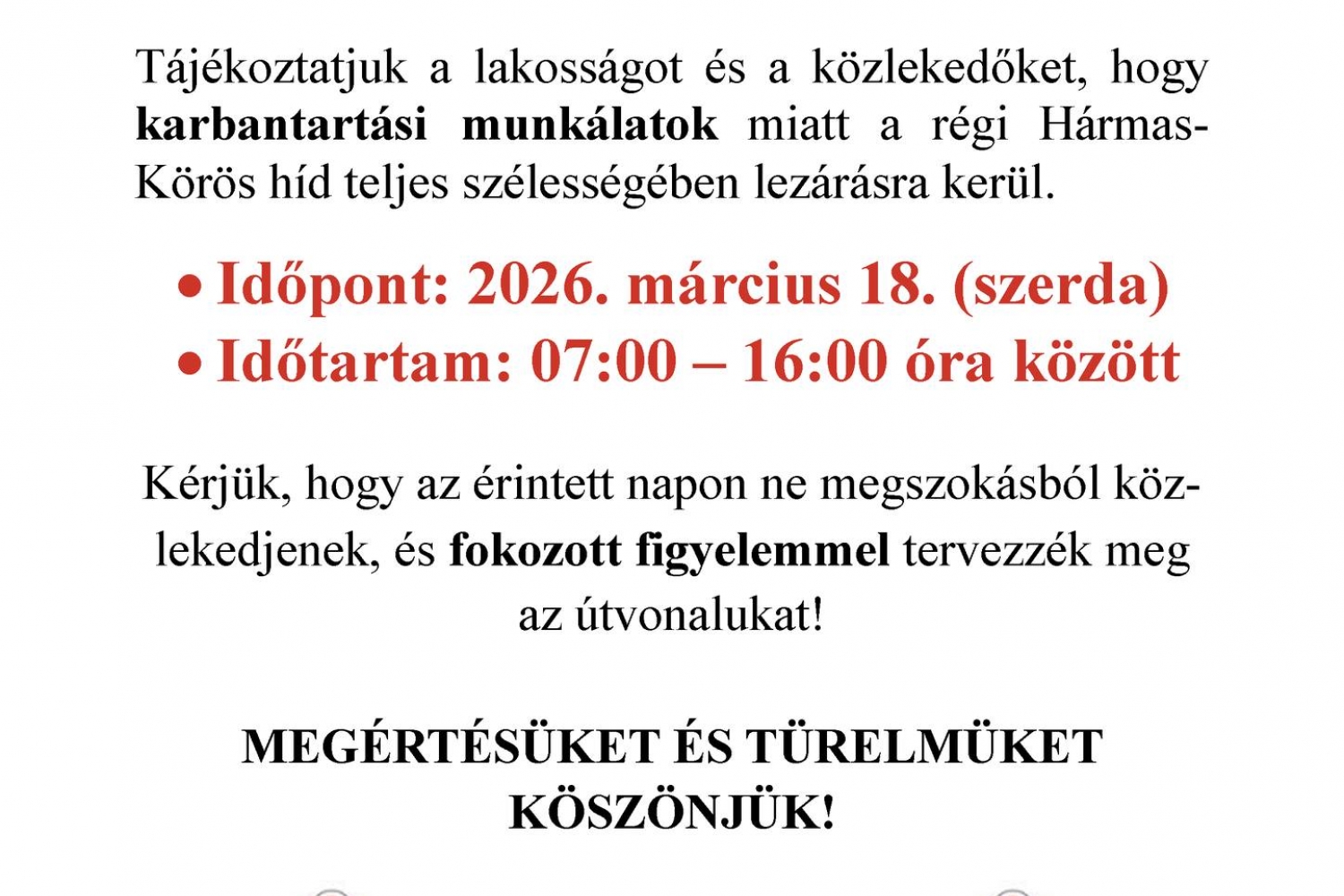 Figyelem! Útlezárás! 2026 március 18.