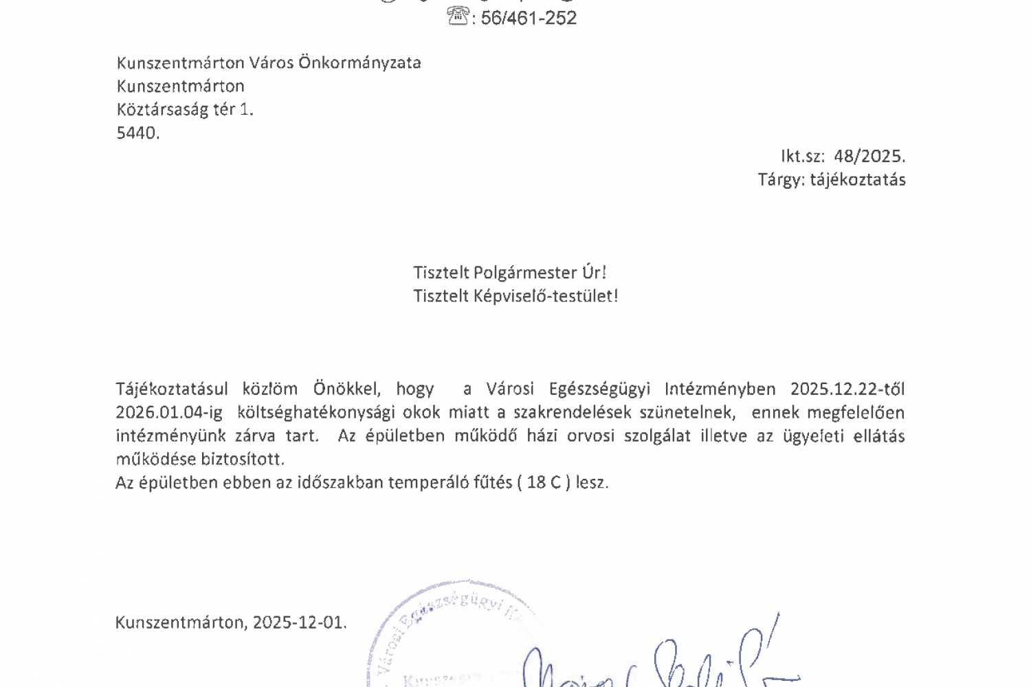 Városi Egészségügyi Központban szakrendelések szüneteltetése 2025.12.22-től  2026.01.04-ig