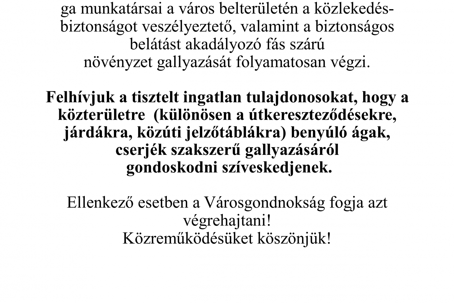 Kunszentmártoni Önkormányzat Városgondnoksága Hirdetménye (2026.10.08.)