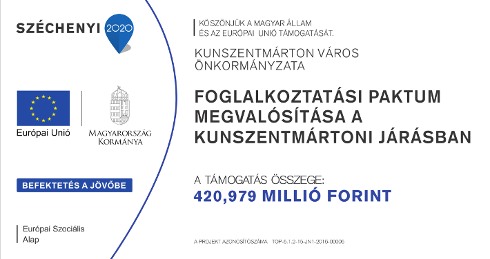 Köszönjük a Magyar Állam és az Európai Uniuó támogatását. Foglalkoztatási paktum megvalósítása a Kunszentmártoni Járásban a támogatás összege 420,979 millió Ft