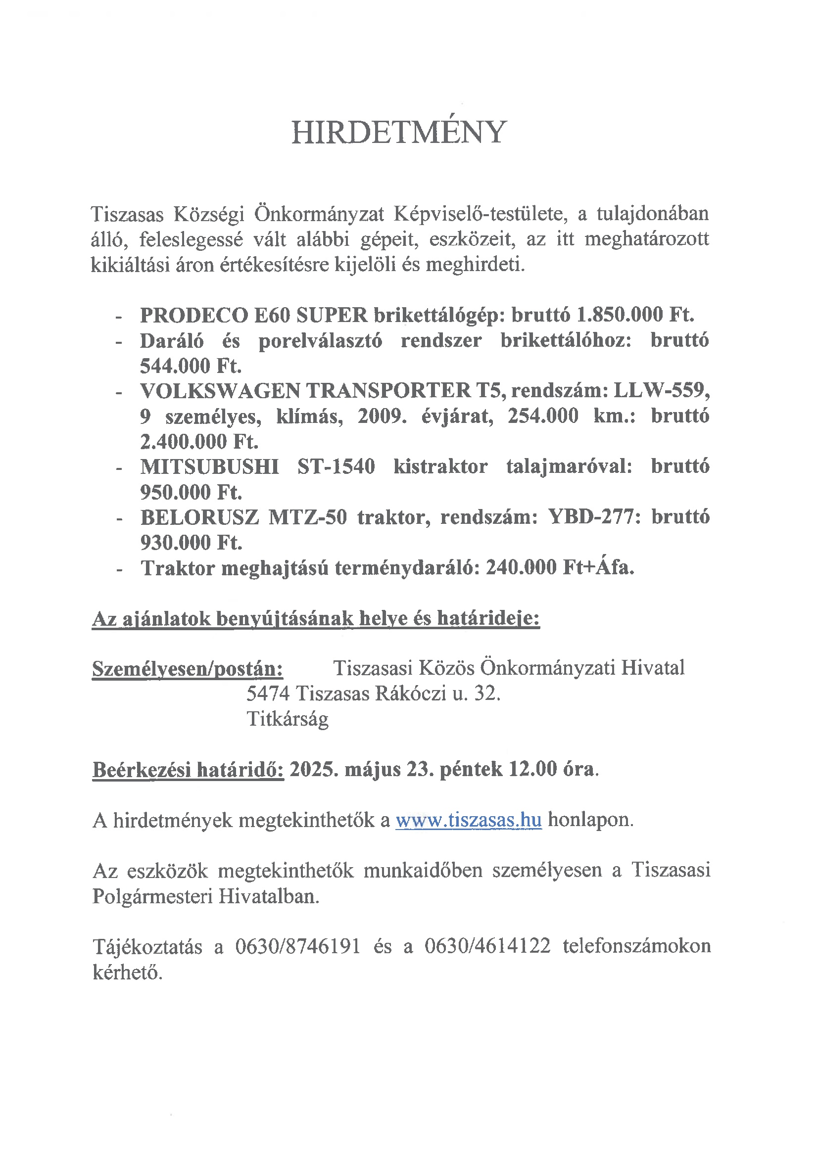 Tiszasas Községi Önkormányzat Hirdetménye