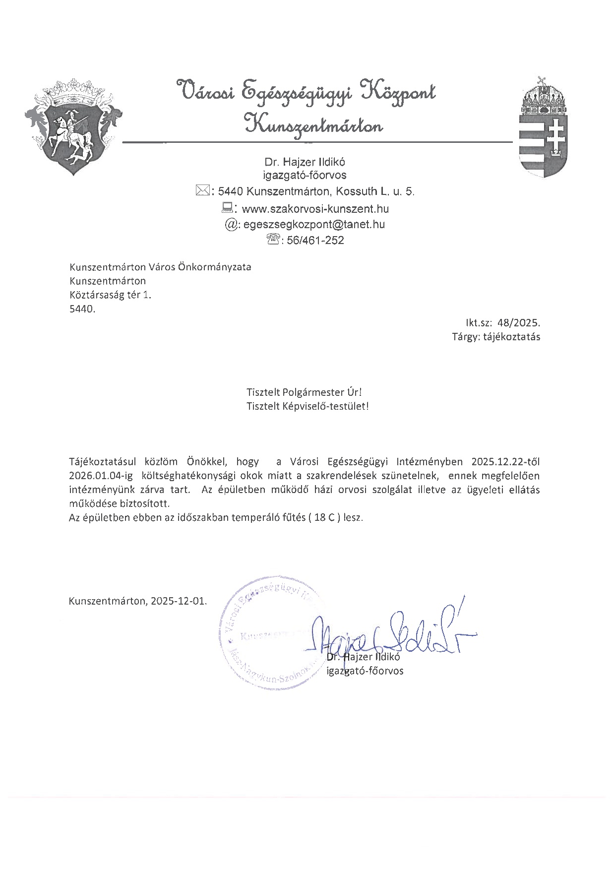 Városi Egészségügyi Központban szakrendelések szüneteltetése 2025.12.22-től  2026.01.04-ig